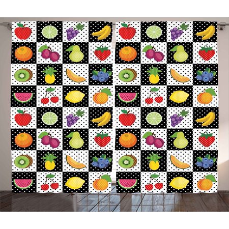 Black And White Curtains 2 Panels Set Kitchen Fruits And