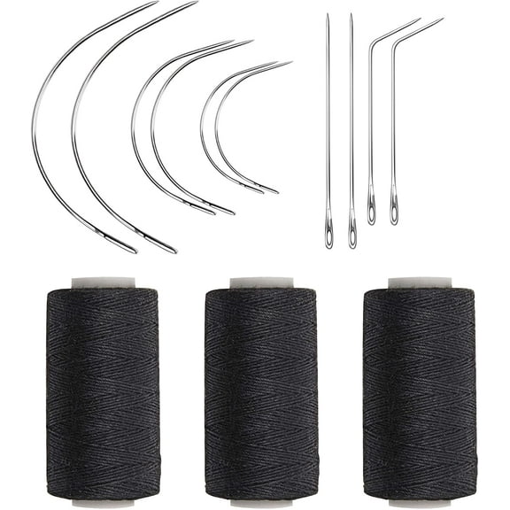 Weaving Needle Combo Deal Black Thread with 10pcs Needle for Making Wig Sewing Hair Weft Hair Weave Extension, Big Medium and Small C J Shape Curved Needle I Needle (3 Thread Black 10 Needle)