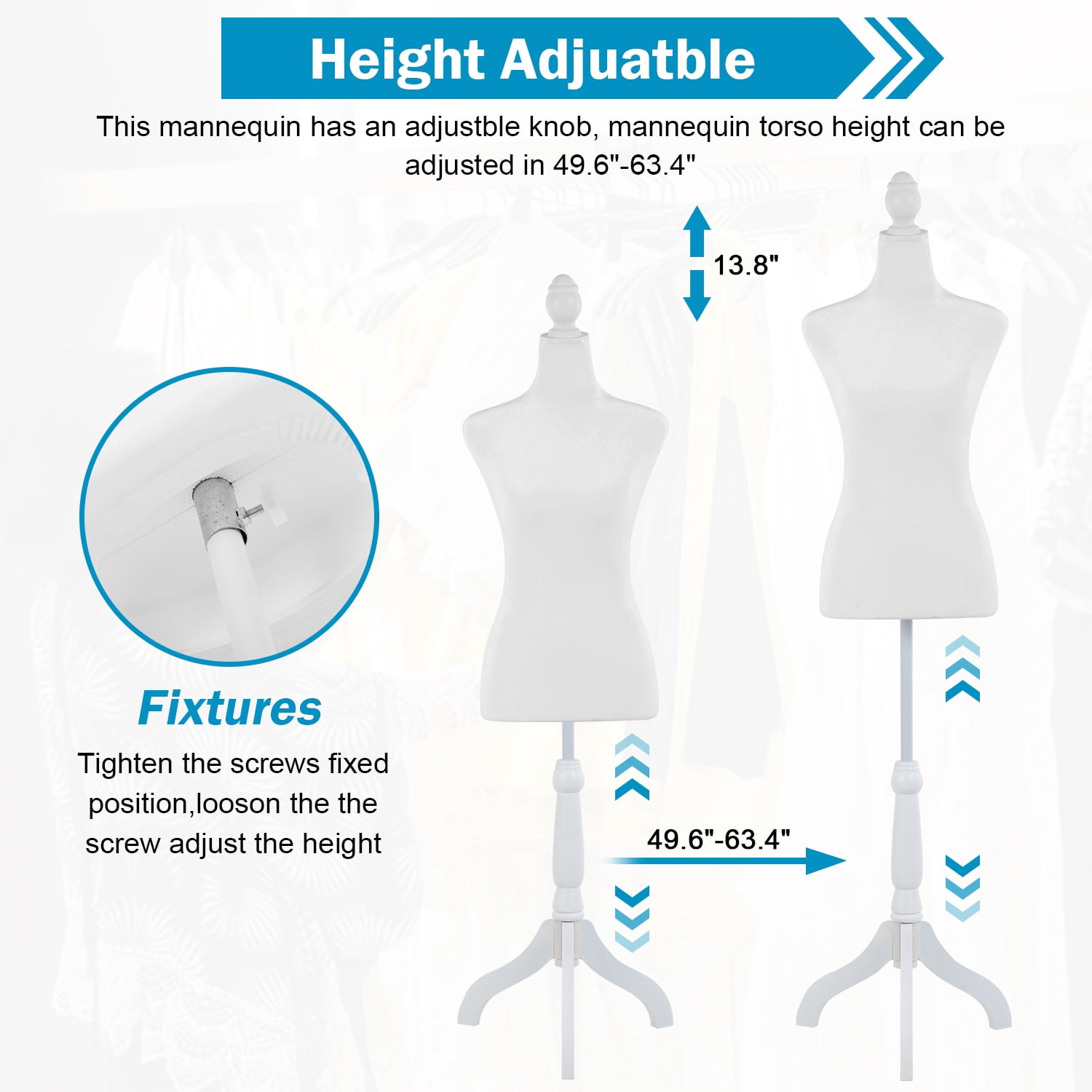 49"-63" Height Dress Form Mannequin Adjustable Female Mannequin Torso Sewing Mannequin Female Dress Model Torso Body Tripod Stand Clothing Forms, White