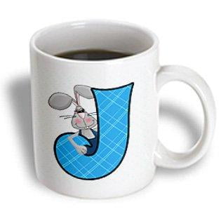 Boy Ceramic - 3dRose J is for Jack Rabbit in Blue for Boys Baby and Kids Monogram J in Argyle Prints, Ceramic Mug, 11-ounce