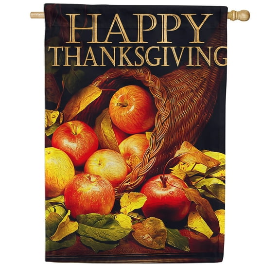 America Forever Happy Thanksgiving House Flag, 28 x 40 inch Double Sided, Cornucopia Apple Harvest Decor, Fall Abundance Banner, Thanksgiving Outdoor Yard Decoration