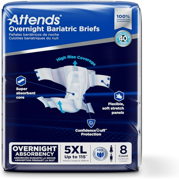 Attends Bariatric Incontinence Disposable Briefs, 5X-Large, Up to 115" Waist with Tab Closures, Ultimate Absorbency, Dry-Lock Containment Core and ConfidenceCuff Leakage Protection, 8ct Bag