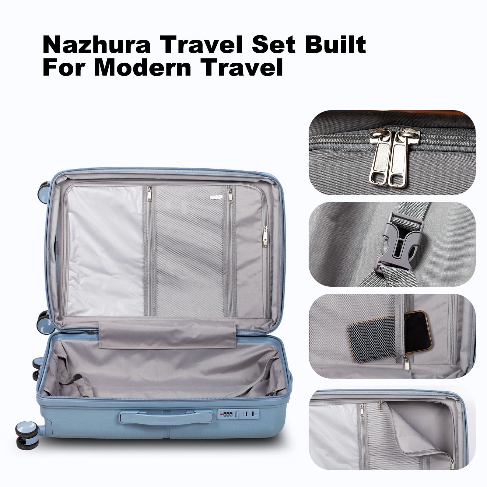 Nazhura Hard Shell Luggage Set, 3-Piece Hardside Suitcase Set, 20-inch, 22-inch, 28-inch Luggage , Carry on Luggage Set, Travel Luggage Set, Large Suitcase with Wheels, Light Blue