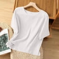 thumbnail image 5 of HomeGardon Womens Shirts Plus Size Tops for Women,Women's Solid Color Imitation Cotton and Linen Shoulder Down Short Sleeved Round Neck Hem Slit Top,S-XXXXL, 5 of 5