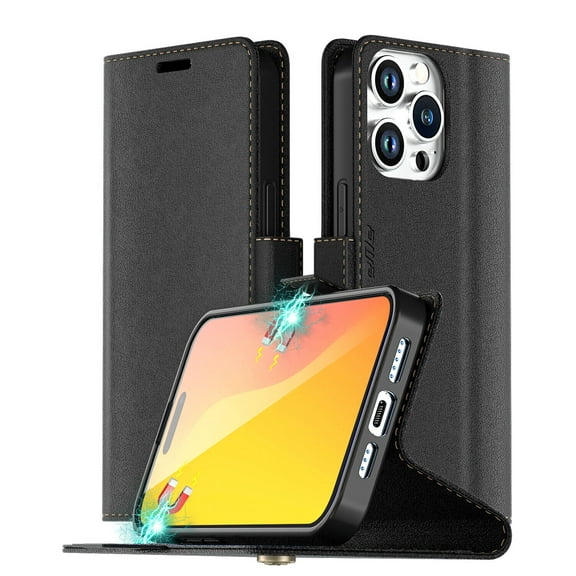 AICase Compatible With iPhone 15 Pro Max 6.7 inch Case Leather Wallet Flip Shockproof Heavy Duty Folio Cover,Black