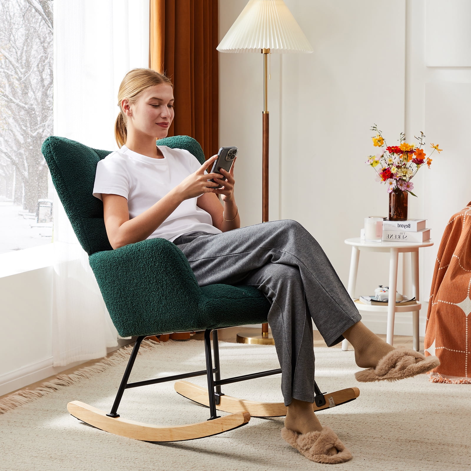 GIANNA Rocking Chair, with Wing Backrest Wide Armrest, Green