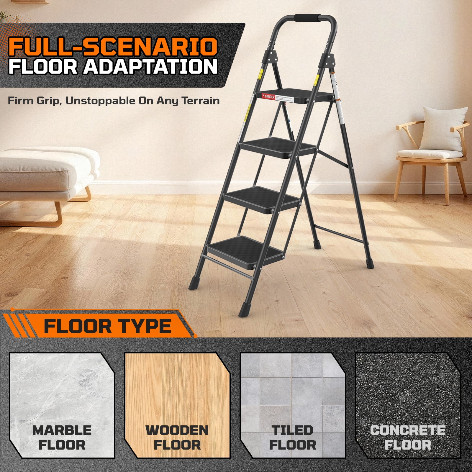 LevLad 4 Step Folding Ladder, Anti-Slip Step Stool with Safety Lock for Home Use, Black