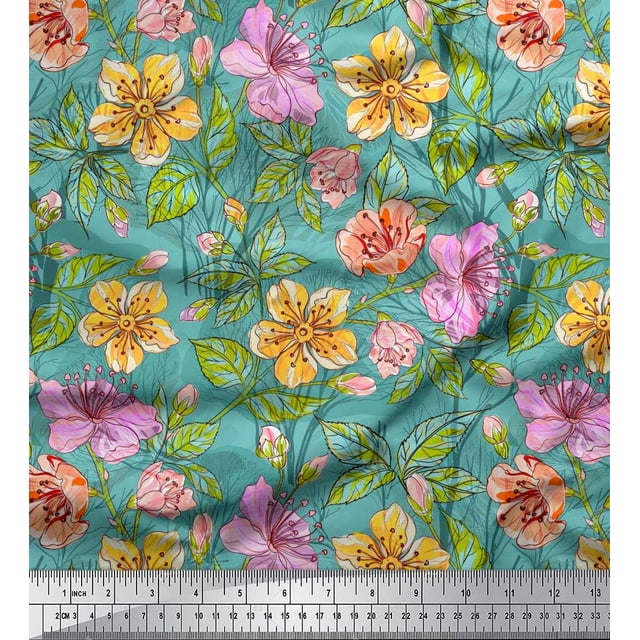 Soimoi Rayon Fabric Leaves & Buttercup Floral Decor Fabric Printed Yard 56 Inch Wide