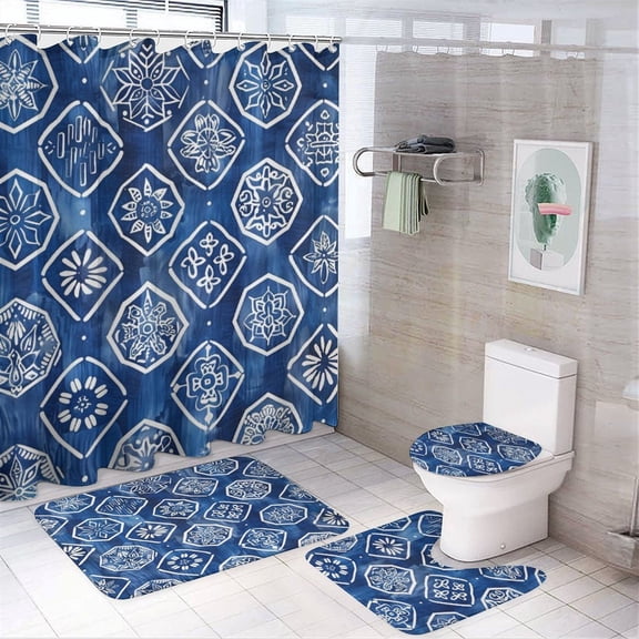 4 Pcs Shower Curtain Sets with Non-Slip Rugs Toilet Lid Cover And Bath Mat Blue And White Geometric Flowers Waterproof Shower Curtain Elegant Vintage Farmhouse for Bathtub Decor