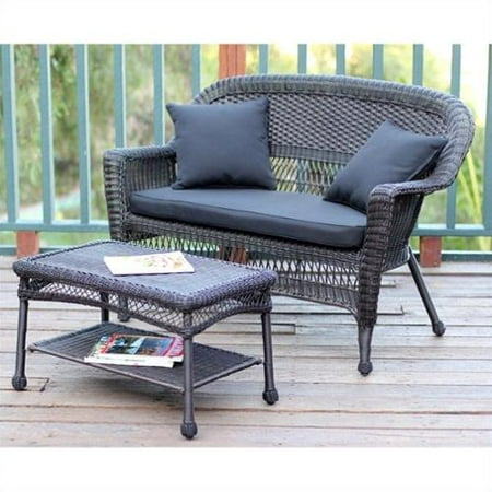 Jeco Wicker Patio Love Seat and Coffee Table Set in Espresso with Black Cushion