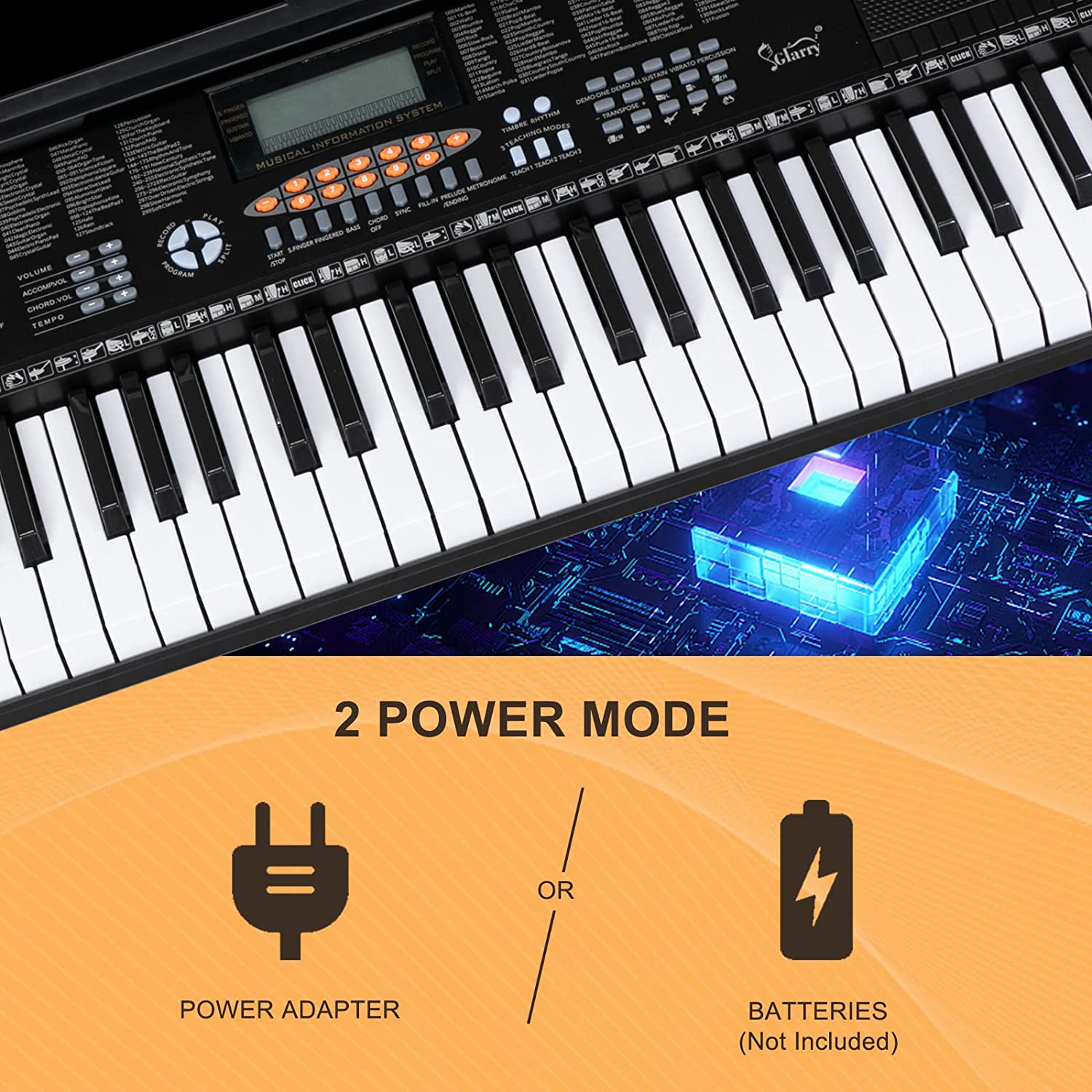 GLARRY 61-Key Portable Electronic Piano Keyboard w/LCD Screen, Microphone, Headphones, Sheet Stand, Power Supply, 3 Teaching Modes, Built-In Speakers, Dual Keyboard