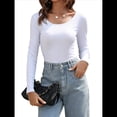thumbnail image 1 of Camiseta de Cuello en U para Mujer, Camiseta de Larga de Color Liso, Suave, Elástica, Ropa Informal, Básica S, 1 of 10