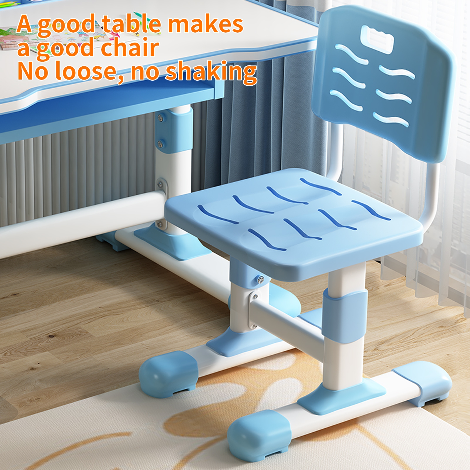 AQMD Kids Study Desk Chair Set, Height Adjustable Toddlers Writing Table with Tiltable Reading Stand, Living Room Bedroom Children Learning Table with Extra Large Drawer,Blue