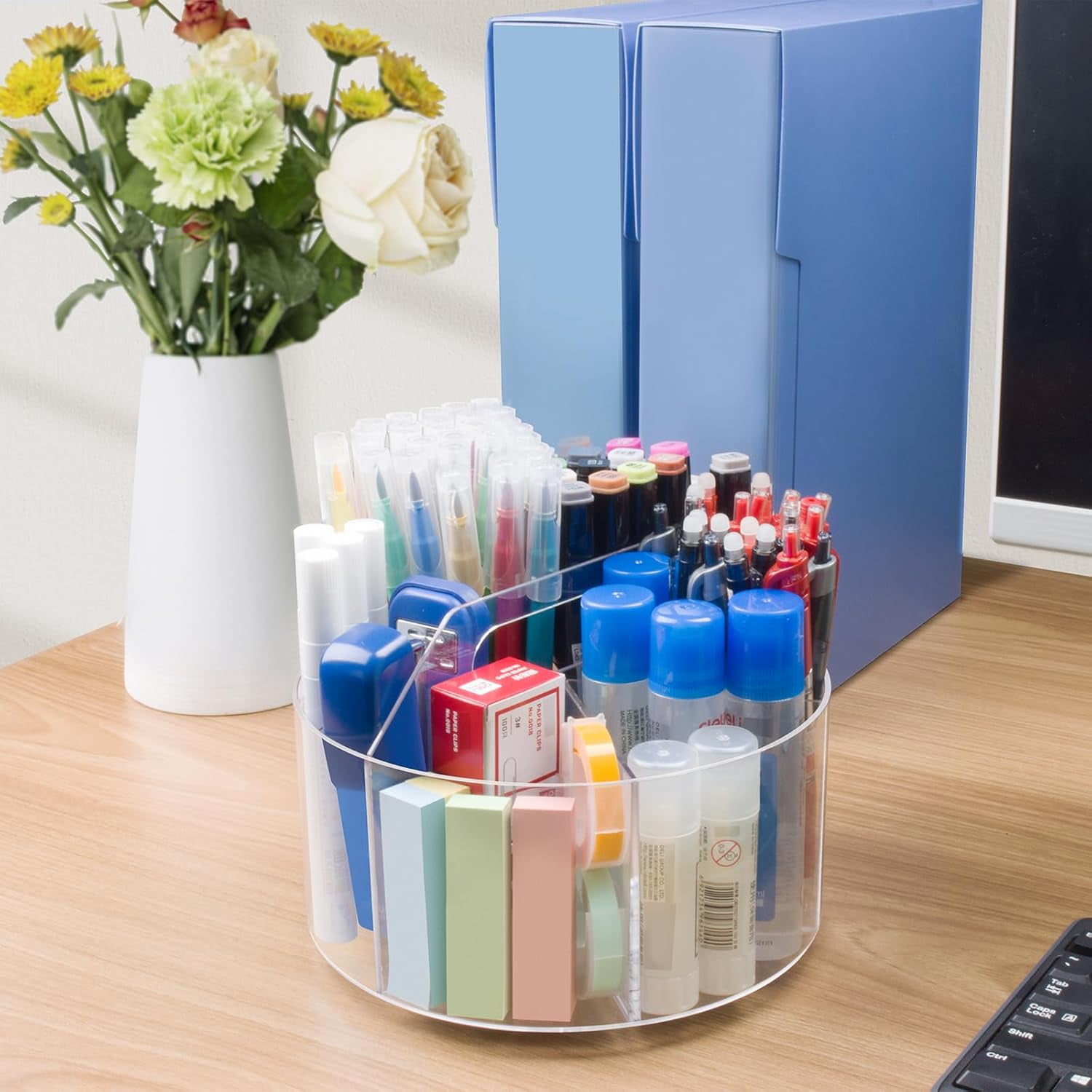 Acrylic Pen Holder 2 Pack, 360 Rotating Desk Organizer with 6 Compartments for Pens Markers Crayons Art Supplies