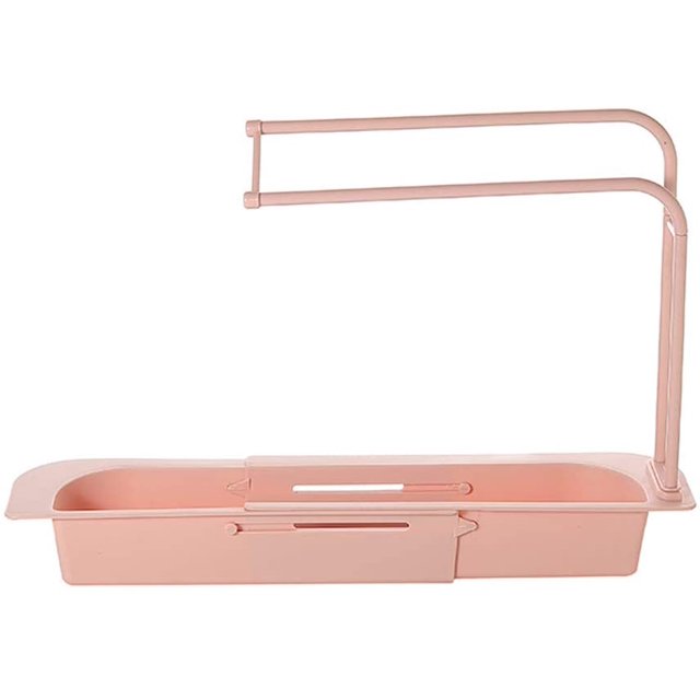 TORUBIA Adjustable Sponge Soap Holder Drainer Sink Tray Telescopic Sink Storage Rack Holder Adhesive Sink Organizer Holder Dish Cloth Hanger 2-in-1 Sink Caddy Drainer Tray for Home Kitchen Pink