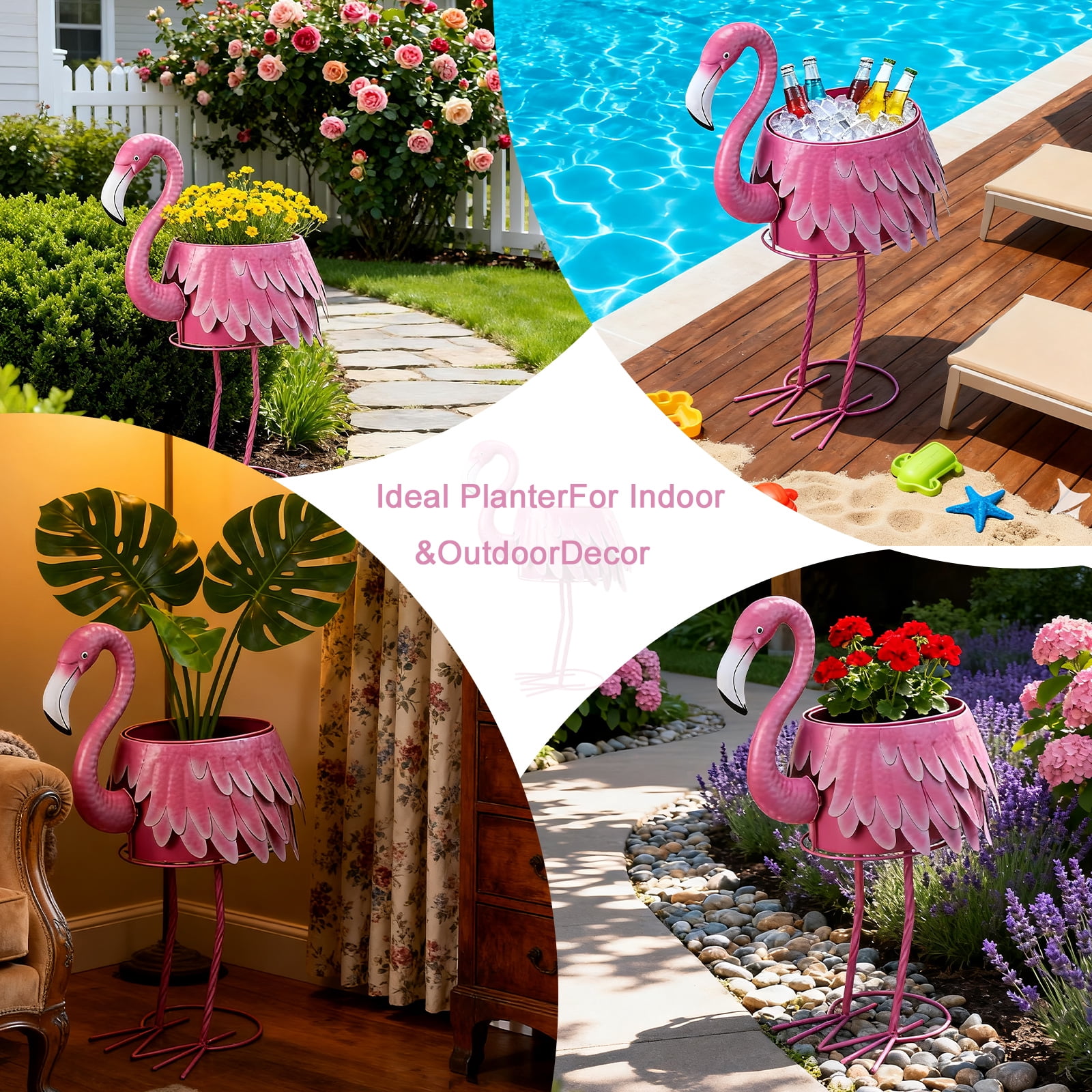 31 Inch Pink Flamingo Metal Planter – Decorative Flower Pot with Drain Hole, Indoor/Outdoor Accent for Garden, Patio & Poolside
