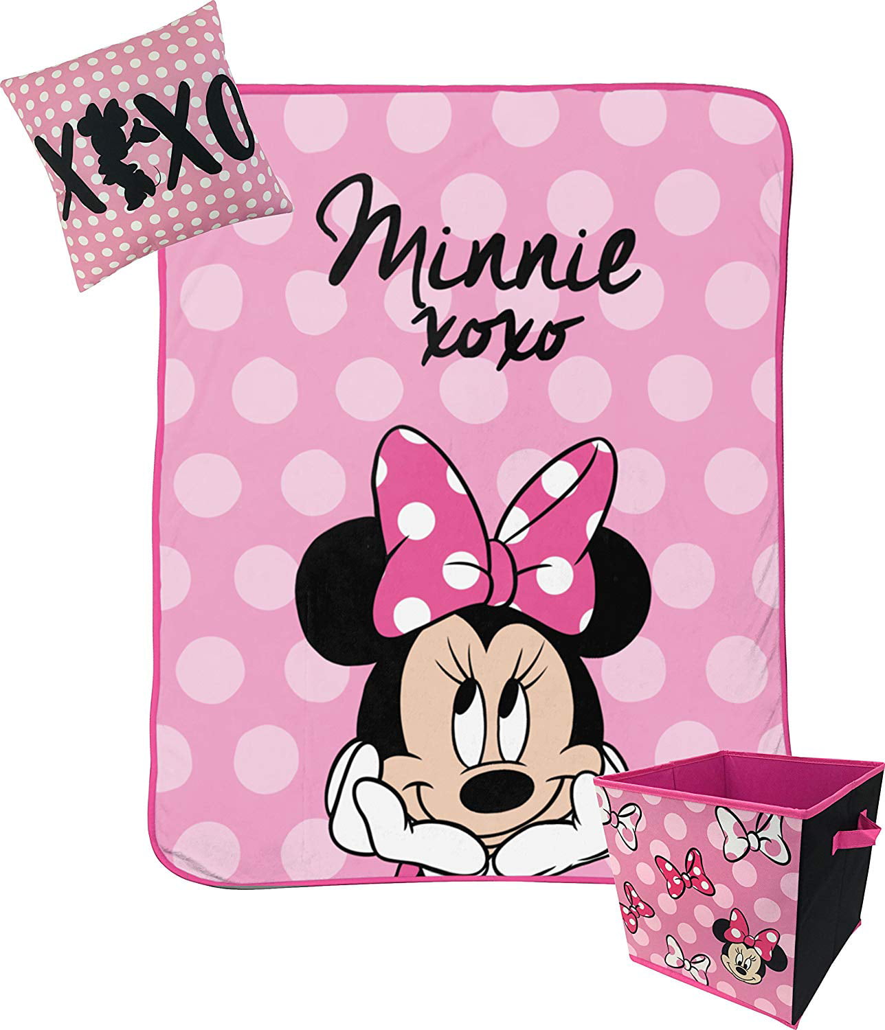 Disney Minnie Mouse Pink 3pc Throw Blanket, Pillow & Storage Cube Set ...
