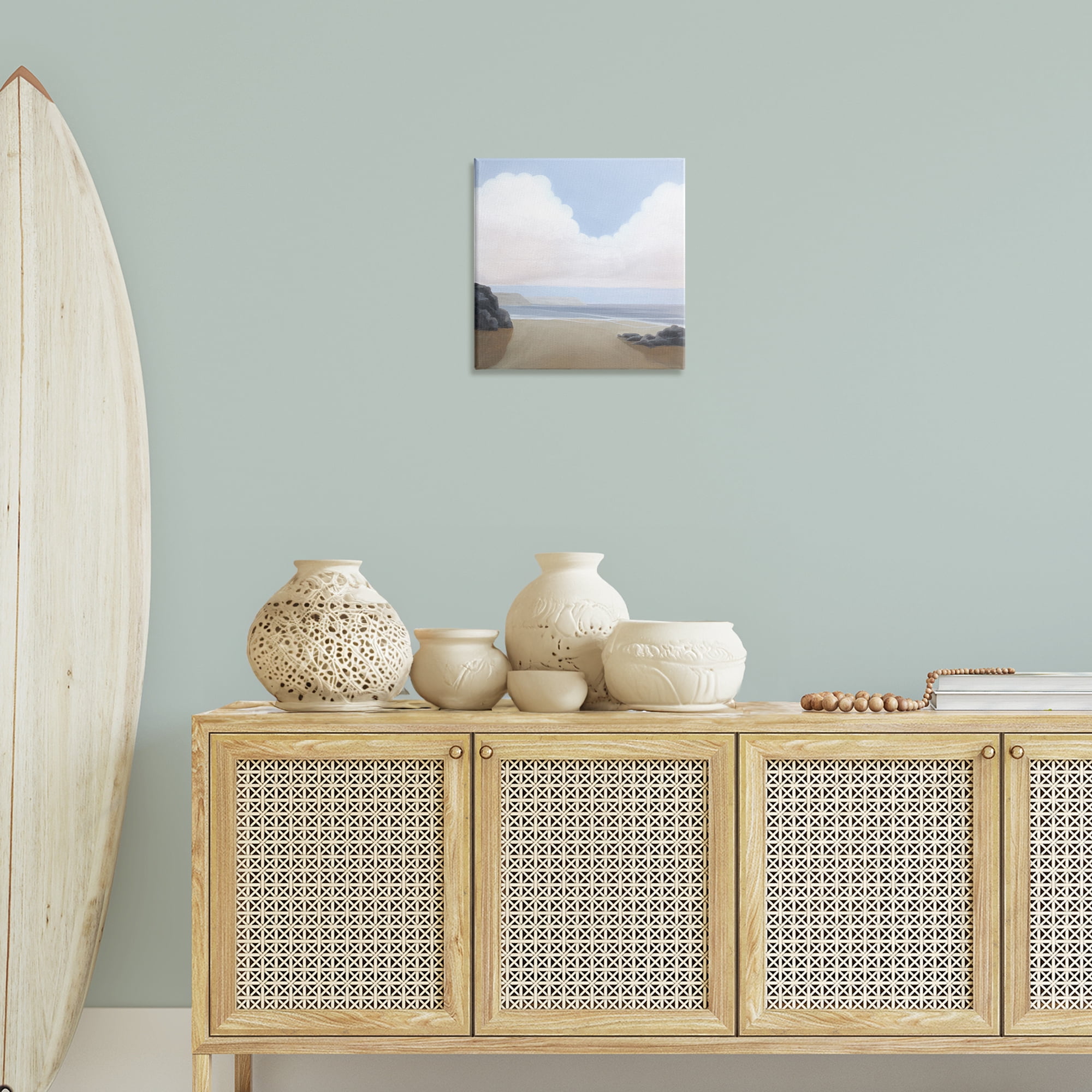 Stupell Industries Fluffy Clouds Over Beach Landscape Painting Gallery Wrapped Canvas Art Print Wall Art, 17 x 17