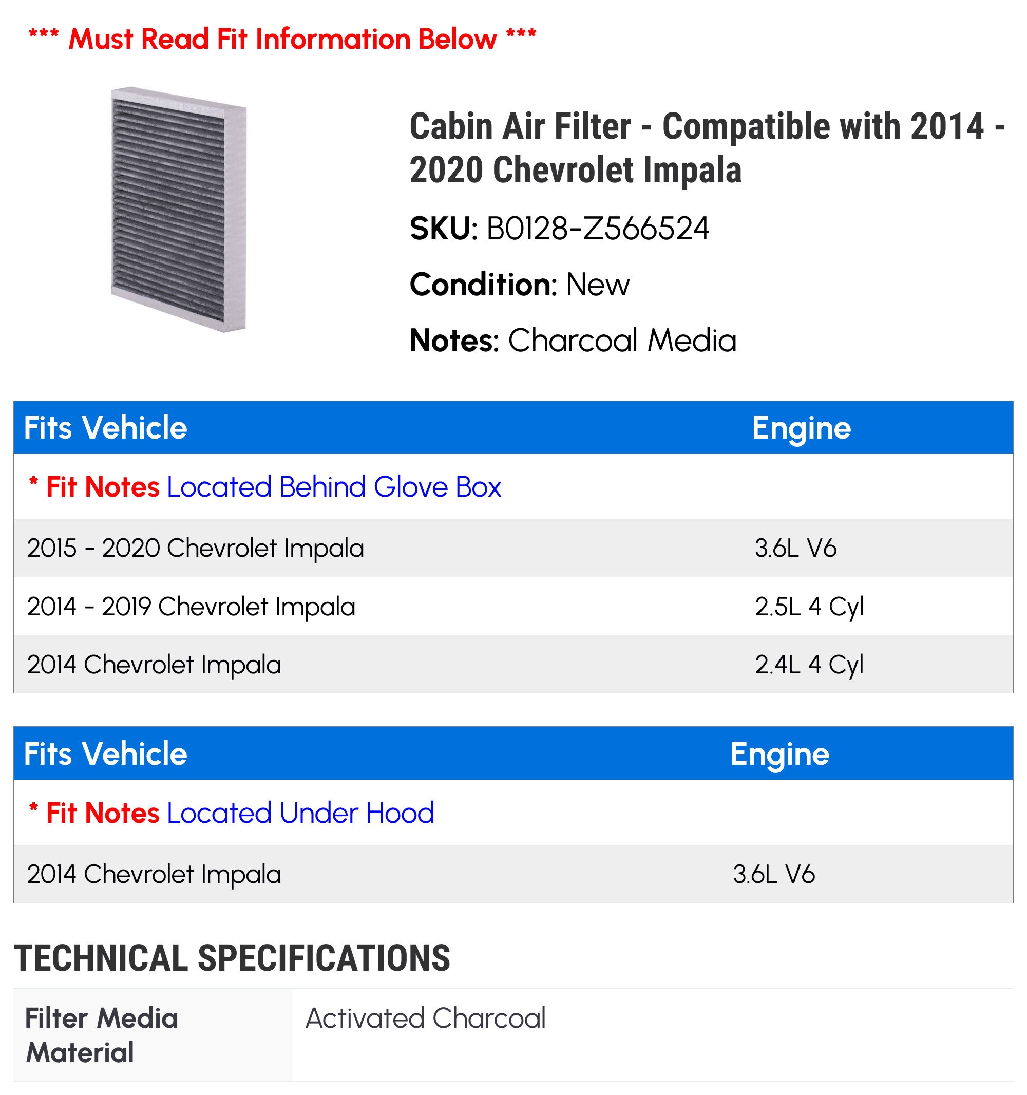 Cabin Air Filter - Compatible with 2014 - 2020 Chevy Impala 2015 2016 2017 2018 2019