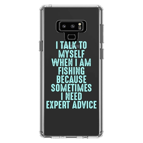 DistinctInk Clear Shockproof Hybrid Case for Samsung Galaxy Note 9 - TPU Bumper Acrylic Back Tempered Glass Screen Protector - I Talk To Myself Fishing Need Expert Advice