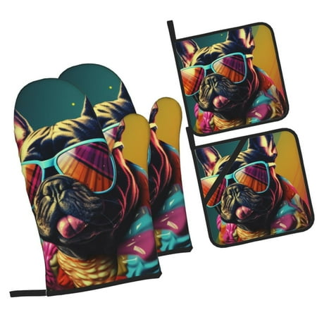 

Fotbe Retro Bulldog Sunglasses for 4Pcs Oven Mitts and Pot Holders 500℉ Heat Resistant Oven Mitts Non-Slip Silicone Surface Safe for Baking Cooking BBQ