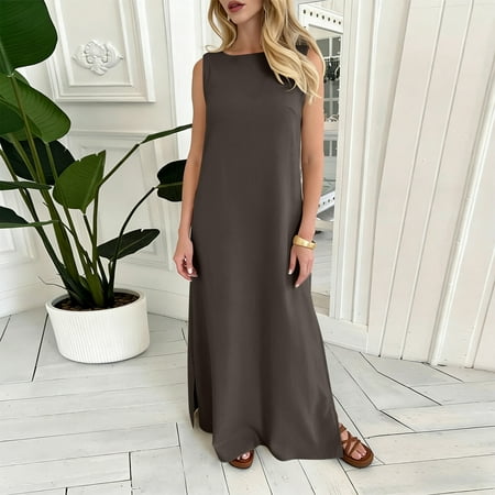 Mifsaly Womens Summer Dresses Sleeveless Linen Dress Maxi Lightweight Flowy Beach Vacation Travel Spring Summer Outfits M