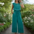 thumbnail image 3 of AUNVITO Women's Lace Sleeveless Jumpsuit with Round Neck Waist Defining Drawstring Pockets and Wide Leg Casual Chic Summer Style, 3 of 7