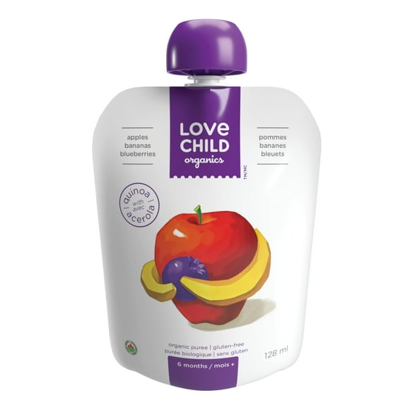 Love Child Organics Superblends Apples, Bananas + Blueberries Puree 128ml Pouch, Apples, Bananas + Blueberries