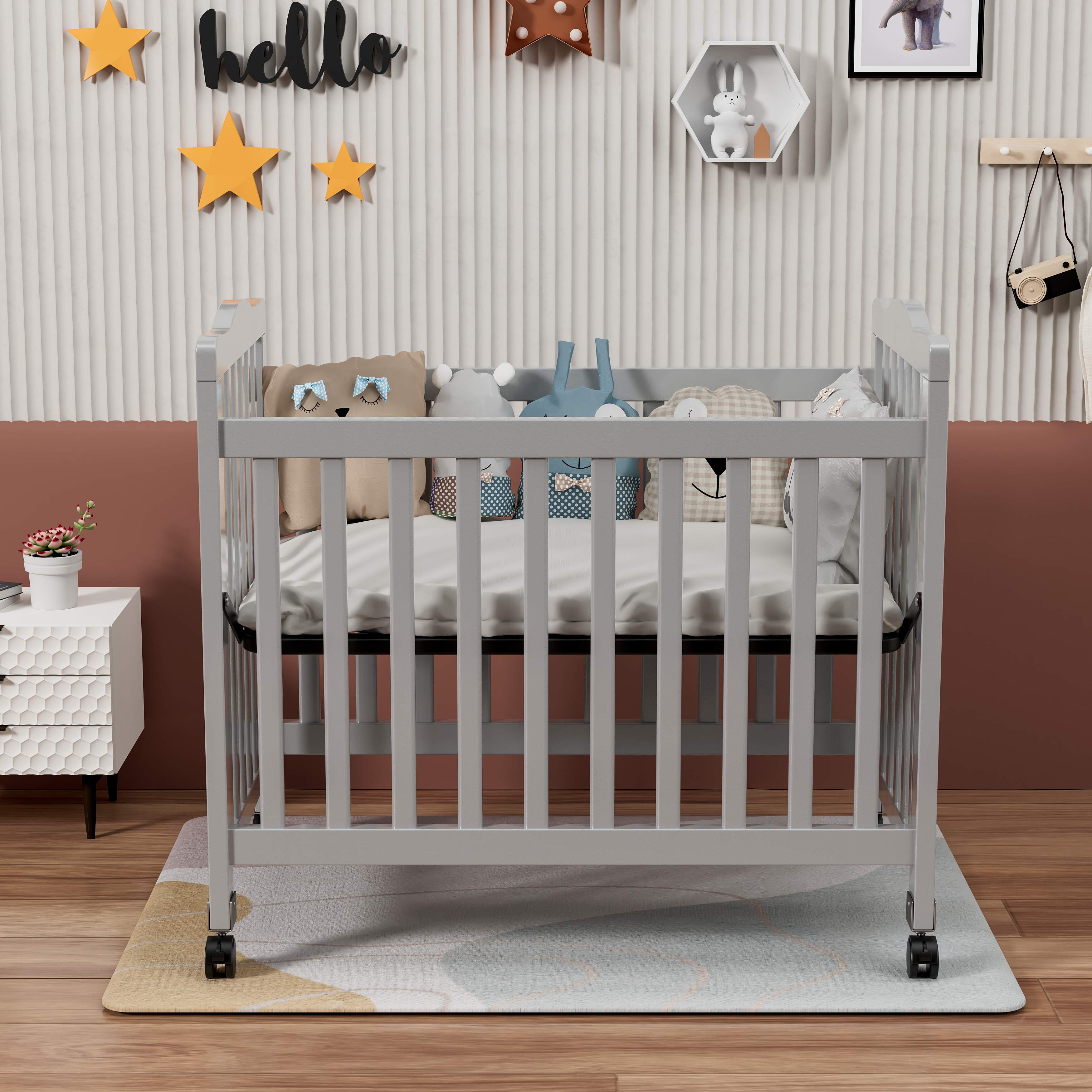 Fizzy Baby Mini Crib, Small Crib with 3-Position Mattress Board, Gray