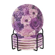 Purple Elegant Flowers Drink Coasters with Holder Absorbent Coaster for Coffee Table Room Decor 6 Pack