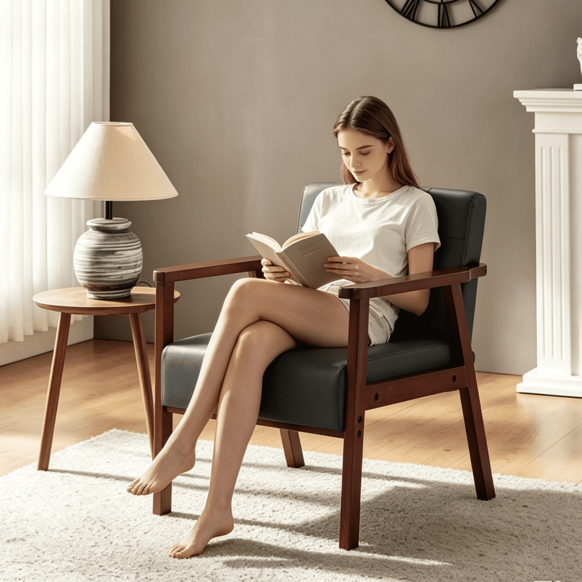 Gewnee PU Accent Chair with Solid Wood Frame,Modern Upholstered Armchair,Single Sofa for Living Room,Apartment,Office.Black