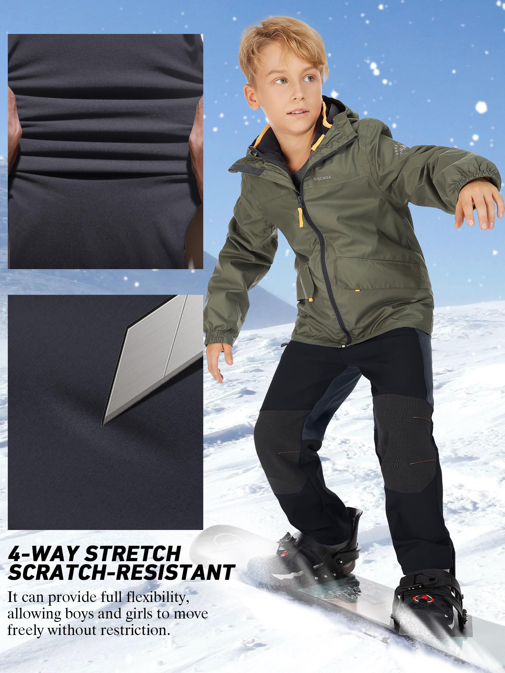 FEN AI Boy's Kids Youth Ski Snow Pants Windproof Waterproof Hiking Pant Expandable Waist Soft Shell Winter Warm Insulated Trousers Grey Size 10-12