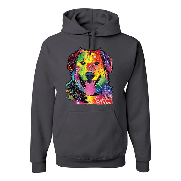 Smiling Dog | Colorful Neon Golden Retreiver | Dean Russo Art Animal Lover Unisex Hoodie Sweatshirt, Charcoal, Medium