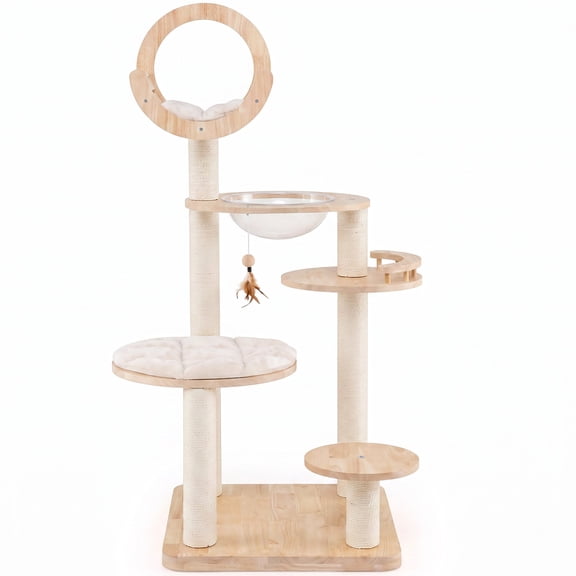 Dreischwarz 4-in-1 Wooden Cat Tower with Space Capsule and Sisal Scratching Posts, 57-in Tall for Indoor Cats