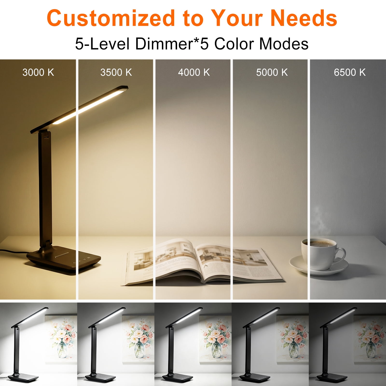 FOUKUS LED Desk Lamp Desk Lamp with USB Charging Port: Dimmable Desk Lamp for Home Office & Study, 5 Color Modes, Touch Control Desk Light, Foldable Table Lamp for Bedroom Dorm Reading