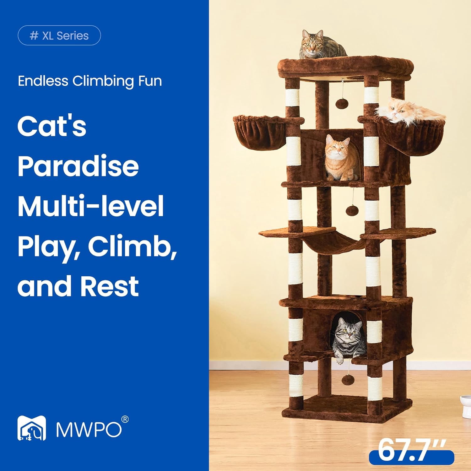 WSWJY Large Cat Tree, 67.7-Inch Tall Cat Tower for Indoor Cats with 2 Large Condos, Multi-Level Cat Stand for Large Cat with 3 Hammocks, Wide Perch, Scratching Posts, Dangling Toys, Brown