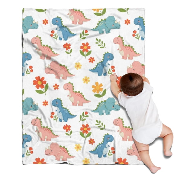 White Cartoon Dinosaurs Flowers Pattern Blanket,Comfortable Soft Flannel Throw Blanket,All Season,Warm Lightweight Blankets for Sofa Bed Couch Living Room Chair,30"x40"