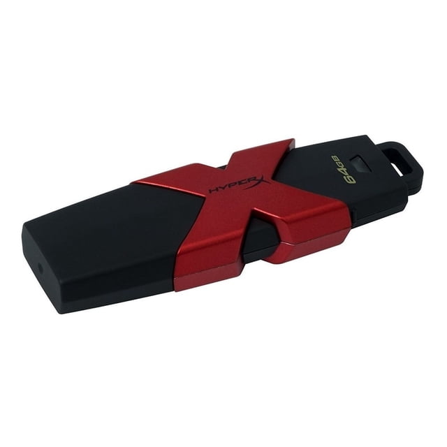 memoria usb kingston dt hyperx savage hxs3 64gb 350mb/s gamer USB 3.1 Gen 1 negra con X roja metálica y cuerpo negro mate, vista 3/4 frontal, texto "64GB" visible y anilla para llavero; dimensiones 76.3 x 23.48 x 12.17 mm, lectura 350MB/s y escritura 180MB/s, adecuada para almacenar juegos y archivos multimedia.