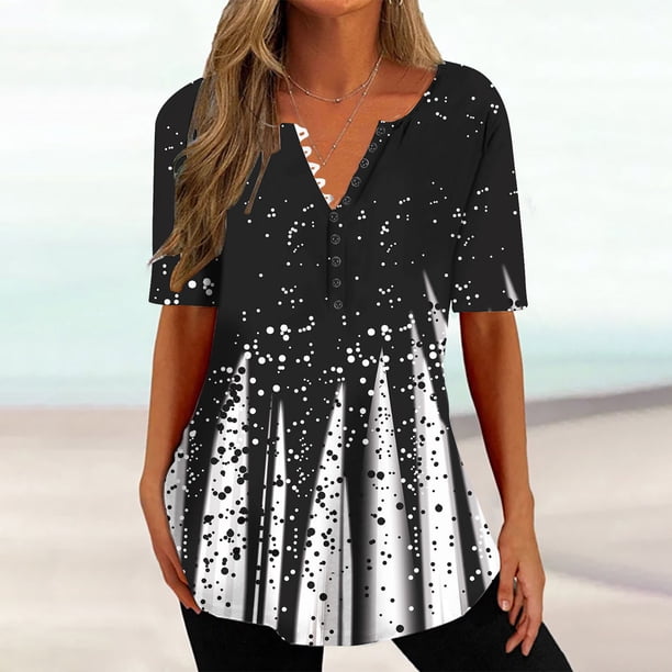 Puntoco 2024, tops a la moda de verano para mujer, top de manga corta holgado informal con estampado con cuello en V, top/camisa de manga corta con cuello en V