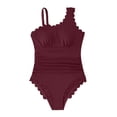 thumbnail image 7 of NMMUED Swimsuit for Women One Shoulder Scalloped Bathing Suit One Piece Tummy Control Full Coverage Ruched Swim Suits Wine S, 7 of 7