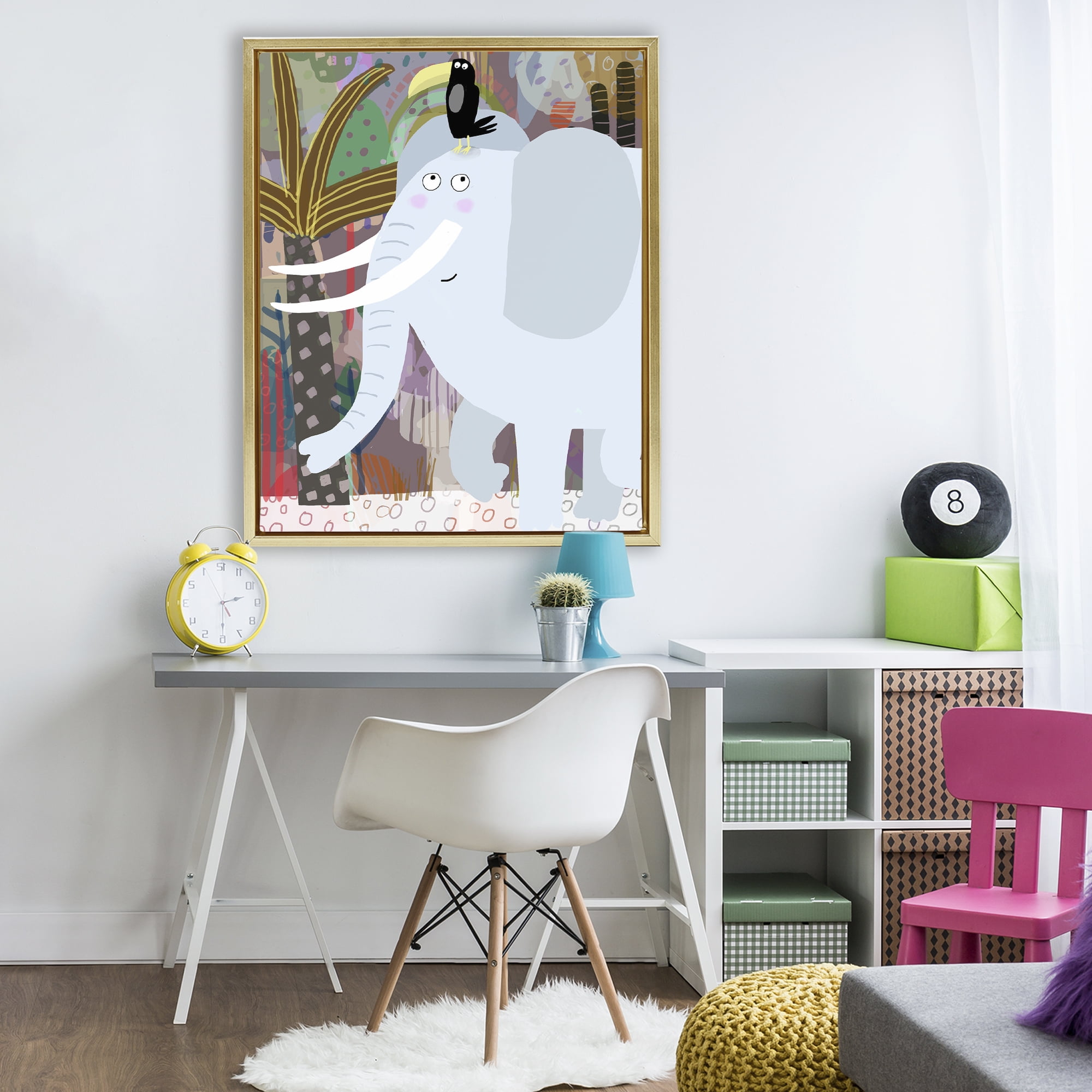 Elephant & Toucan in Jungle Gold Framed Floater Canvas Wall Art, design by Carla Daly