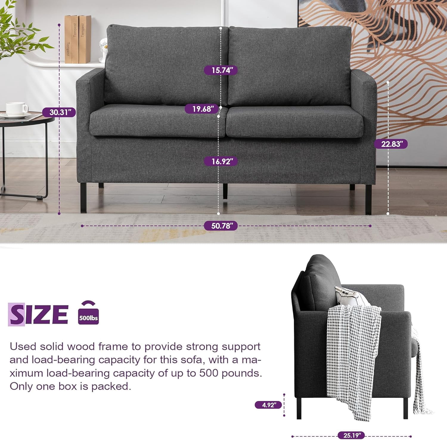 LAZZO 51" Modern Loveseat Sofa, 2-Seater Linen Fabric Couch for Bedroom & Office, Gray