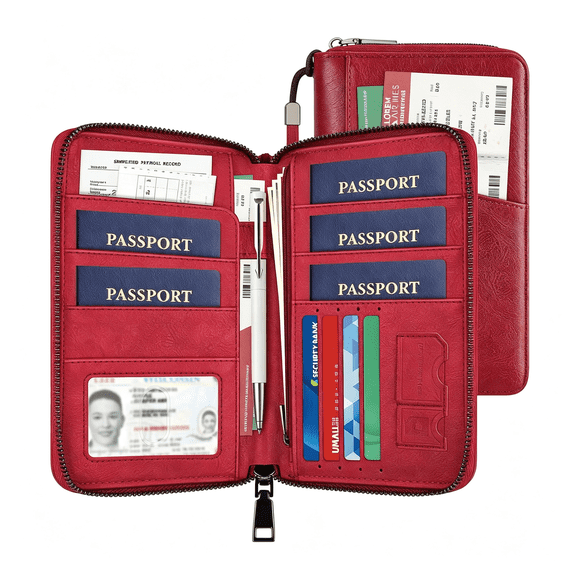GASTROPOD Family Passport Holder for 4,Pu Rfid Multiple Passport Holder-Red Leather Rfid Blocking Travel Passport Wallet with Zipper,Travel Document Organizer with Wrist Strap Card Slot for Women Men
