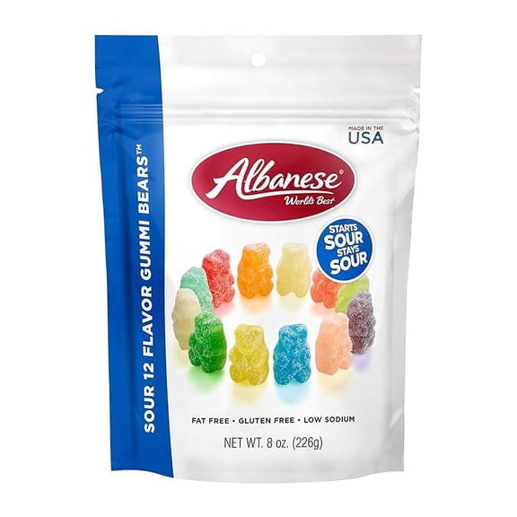 1 x Albanese World's Best Sour 12 Flavor Gummi Bears | 8oz Bag of Candy | 12 Unique Super Sour Flavors, Gluten Free, Fat Free, Soft and Chewy Gummy Bears | Perfect Travel Snack