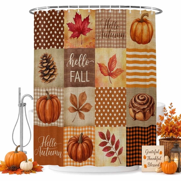 Vintage Hello Autumn Shower Curtain, Waterproof Shower Curtains for Bathroom, Thanksgiving Fall Checked Pumpkins Washable Fabric Bathtub Curtain Set Bath Decor with 12 Hooks Standard 72"x72"