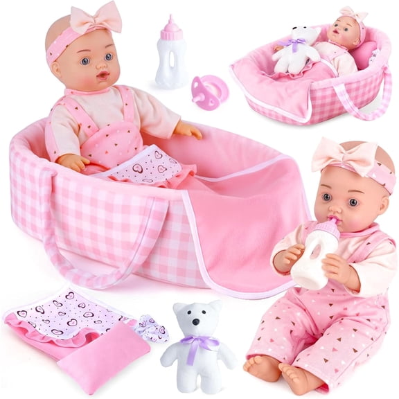 AuntyFey 12" Baby Doll Set with Bassinet, Milk Bottle, Teddy Bear, Pillow, Blanket, Perfect Birthday Gift for Toddler Girls