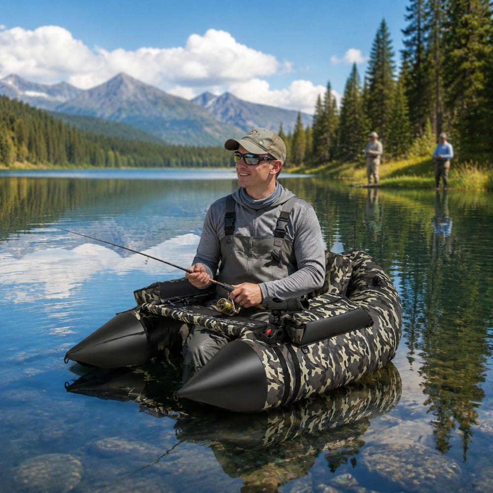 Inflatable Fishing Float Tube 350 Lbs Load Capacity with Adjustable Backrest Backpack Straps Rod Holder Fish Ruler