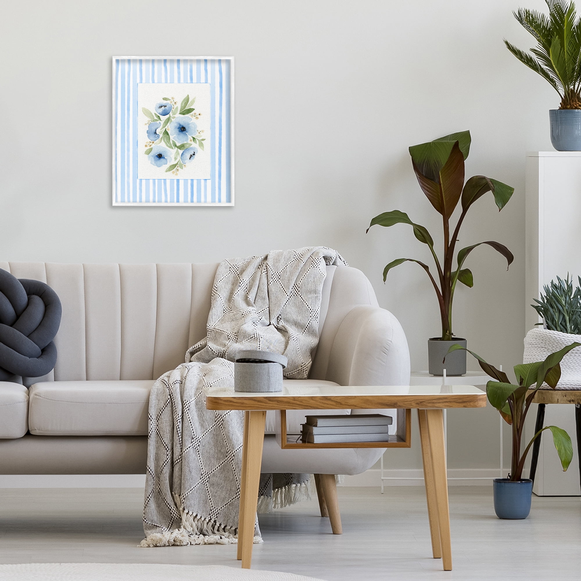 Stupell Industries Flowers With Stripe Border White Framed Giclee Art, design by Leah Noel Art