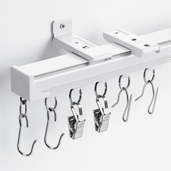 NewBuros 1" Wide Heavy-Duty Ceiling Curtain Track, Room Divider Curtain Rail System with Silent Rollers, Ceiling/Wall Mount, 3-12 Ft Adjustable Curtain Track, White