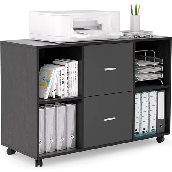 Mobile Horizontal Filing Cabinet, Wooden Filing Cabinet with 2 Drawers and 4 Open Lockers, On Wheels, for Home Office